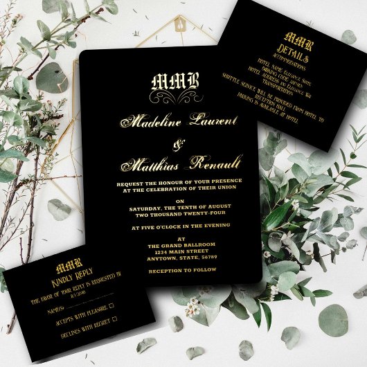 Monogram Elegant Black and Gold Wedding Folieneinladung