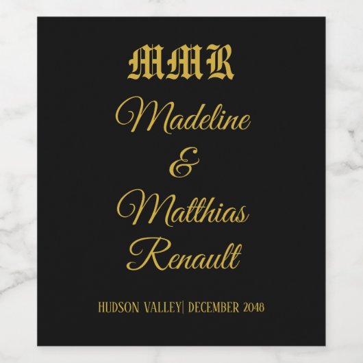 Monogram Elegant Black and Gold Wedding Weinetikett (Einzelnes Label)