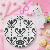 Monogram Elegant Black and White Damask Pappteller (Party)