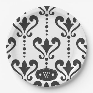 Monogram Elegant Black and White Damask Pappteller