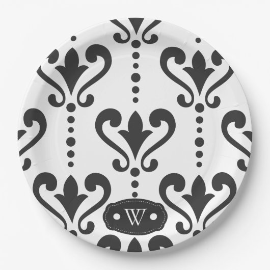 Monogram Elegant Black and White Damask Pappteller (Vorderseite)