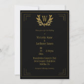 Monogram Elegant Black Gold Leaf Wedding Einladung (Vorderseite)