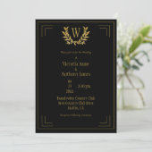 Monogram Elegant Black Gold Leaf Wedding Einladung (Stehend Vorderseite)