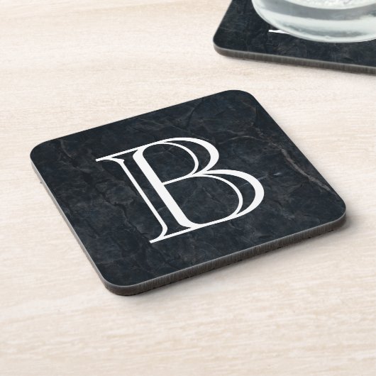 Monogram Elegant Black Stone Texture Untersetzer (Linke Seite)