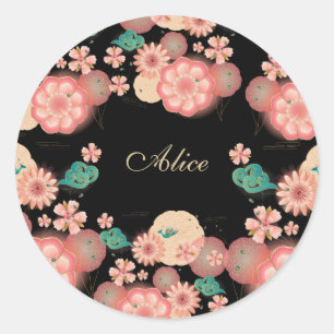 Monogram Elegant Bläserfeder Peach Garden Blume Runder Aufkleber