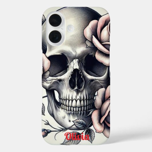 Monogram Elegant Bläserskelett Skull Pink Roses Case-Mate iPhone Hülle (Rückseite)
