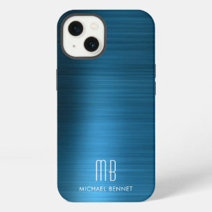 Monogram Elegant Blau Gebürstetes Metall iPhone 13 Hülle