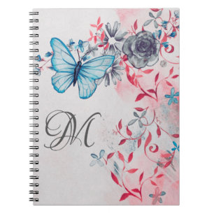 Monogram Elegant Blue Butterflie Floral Notizblock