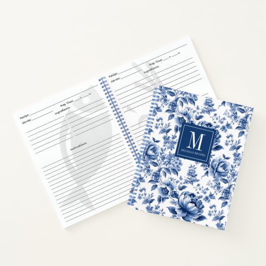 Monogram Elegant Blue Floral Cookbook Rezept Notizblock (Innenseite)