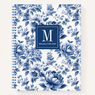 Monogram Elegant Blue Floral Cookbook Rezept Notizblock