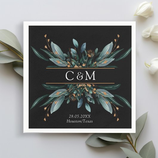 Monogram Elegant Blue Gold (Imitat) Botanischer Ne Serviette