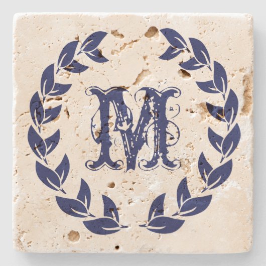 Monogram Elegant Blue Wreath Steinuntersetzer (Vorderseite)