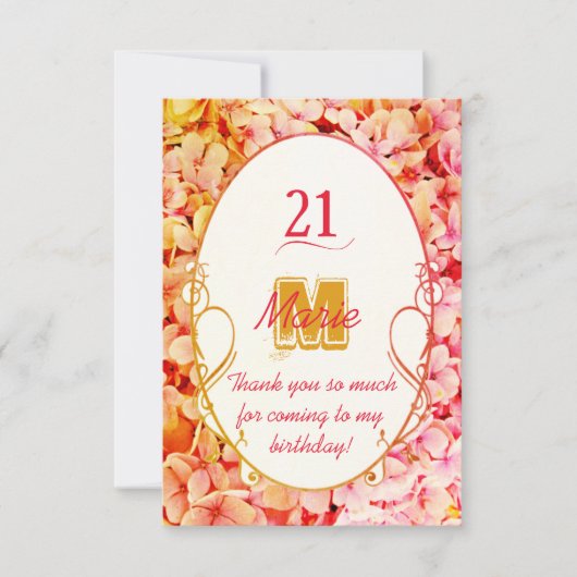 Monogram Elegant Blumenrosa Geburtstag Dankeskarte (Vorderseite)