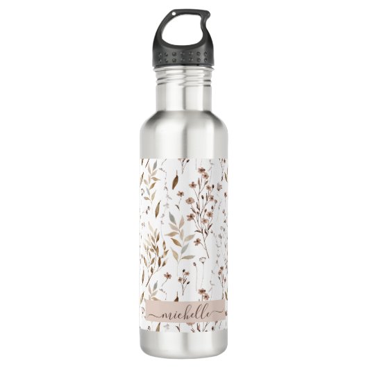 Monogram Elegant Brown-Wildblumen-Blätter Edelstahlflasche (Vorderseite)