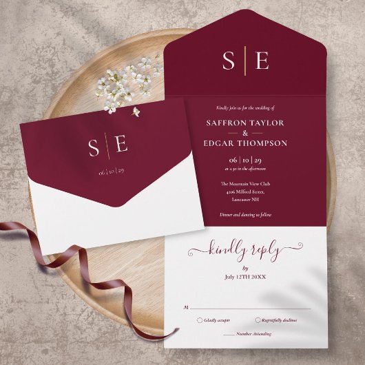 Monogram Elegant Burgundy and Gold Wedding All In One Einladung