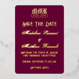 Monogram Elegant Burgundy & Gold Save the Date Folieneinladung