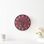 Monogram Elegant Burgundy Imitats Bokeh Glitzer Runde Wanduhr (Zuhause)