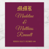 Monogram Elegant Burgundy und Gold Wedding Weinetikett (Einzelnes Label)