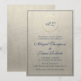 Monogram Elegant Champagne und Navy Blue Wedding Einladung