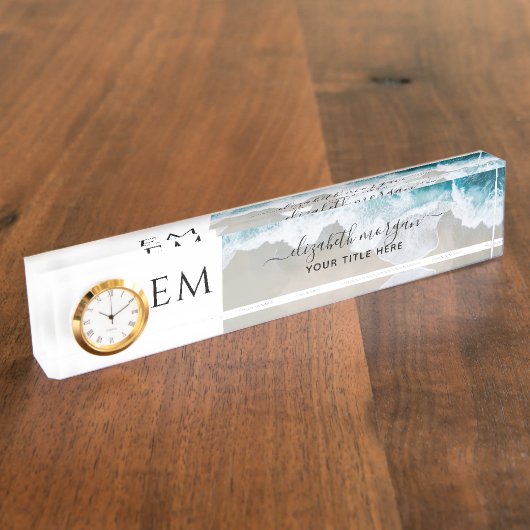 Monogram Elegant Custom Beach Blue Green Clock Namensplakette (Seite)