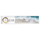 Monogram Elegant Custom Beach Blue Green Clock Namensplakette (Vorderseite)