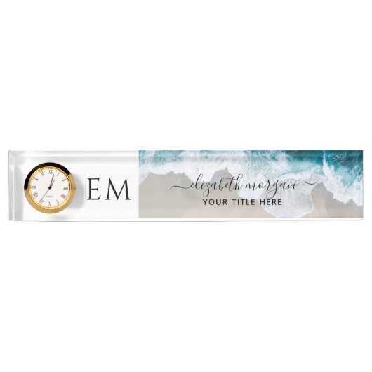 Monogram Elegant Custom Beach Blue Green Clock Namensplakette (Vorderseite)