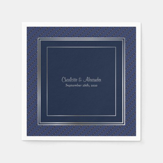 Monogram Elegant Dark Blue Silver Border Wedding Serviette (Vorderseite)