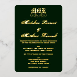 Monogram Elegant Dark Green and Gold Wedding Folieneinladung