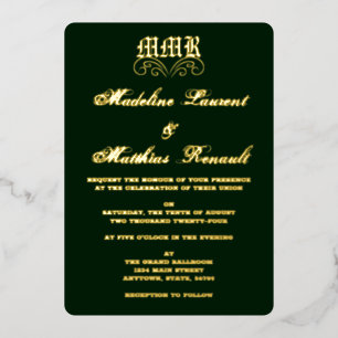 Monogram Elegant Dark Green and Gold Wedding Folieneinladung