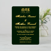 Monogram Elegant Dark Green and Gold Wedding Folieneinladung (Stehend vorne)