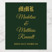 Monogram Elegant Dark Green and Gold Wedding Weinetikett (Einzelnes Label)
