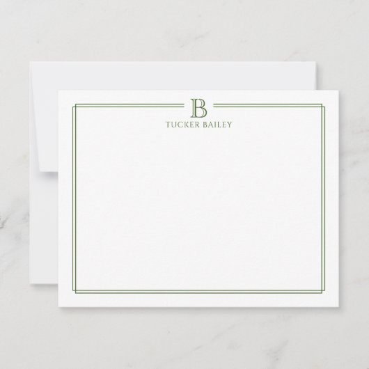 Monogram Elegant Dark Green Border Stationery Mitteilungskarte (Vorderseite)