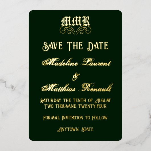 Monogram Elegant Dark Green & Gold Save the Date Folieneinladung (Vorderseite)