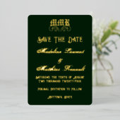 Monogram Elegant Dark Green & Gold Save the Date Folieneinladung (Stehend vorne)