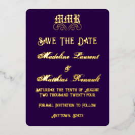 Monogram Elegant Dark Lila & Gold Save the Date Folieneinladung