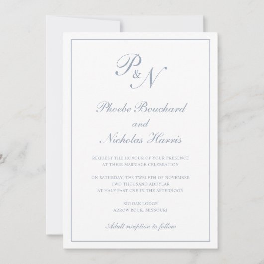 Monogram Elegant Dusty Blue All in one Wedding Einladung (Vorderseite)