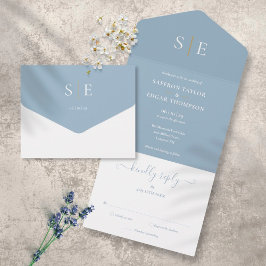 Monogram Elegant Dusty Blue and Gold Wedding All In One Einladung