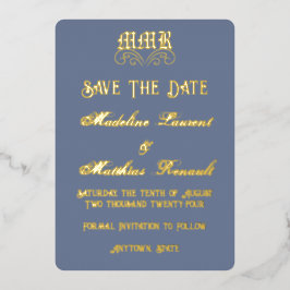 Monogram Elegant Dusty Blue & Gold Save the Date Folieneinladung