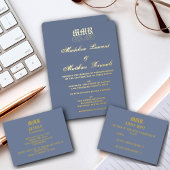 Monogram Elegant Dusty Blue und Gold Wedding Folieneinladung
