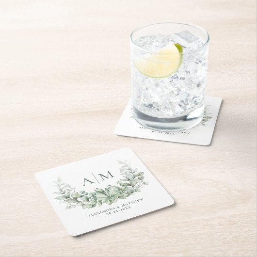 Monogram Elegant Eukalyptus Greenerity Wedding Rechteckiger Pappuntersetzer (Vor Ort)