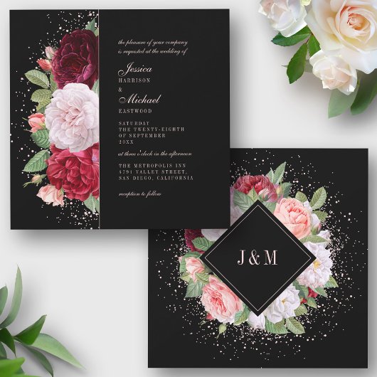 Monogram Elegant Floral Burgundy Black Wedding Einladung