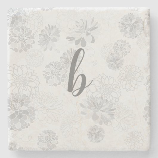Monogram Elegant Floral Gray Steinuntersetzer (Vorderseite)