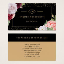 Monogram Elegant Floral Rose Black Business Card