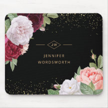 Monogram Elegant Floral Rose Pink Burgundy Black