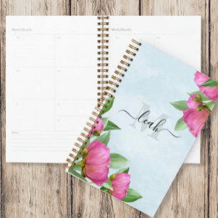 Monogram Elegant Floral Vintage Pretty Pink Peony Planer