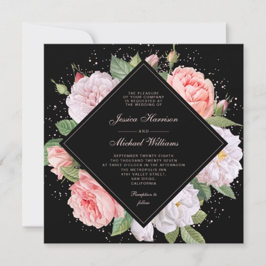 Monogram Elegant Floral White Pink Black Wedding Einladung (Vorderseite)