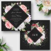 Monogram Elegant Floral White Pink Black Wedding Einladung