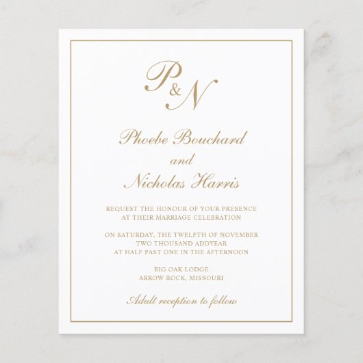 Monogram Elegant Gold Budget Hochzeit Einladung (Vorderseite)