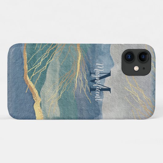 Monogram Elegant Gold & Hues of Blue Landscape Case-Mate iPhone Hülle (Rückseite (Horizontal))