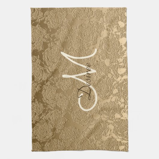 Monogram Elegant Gold Modern Girly Floral Geschirrtuch (Vertikal)